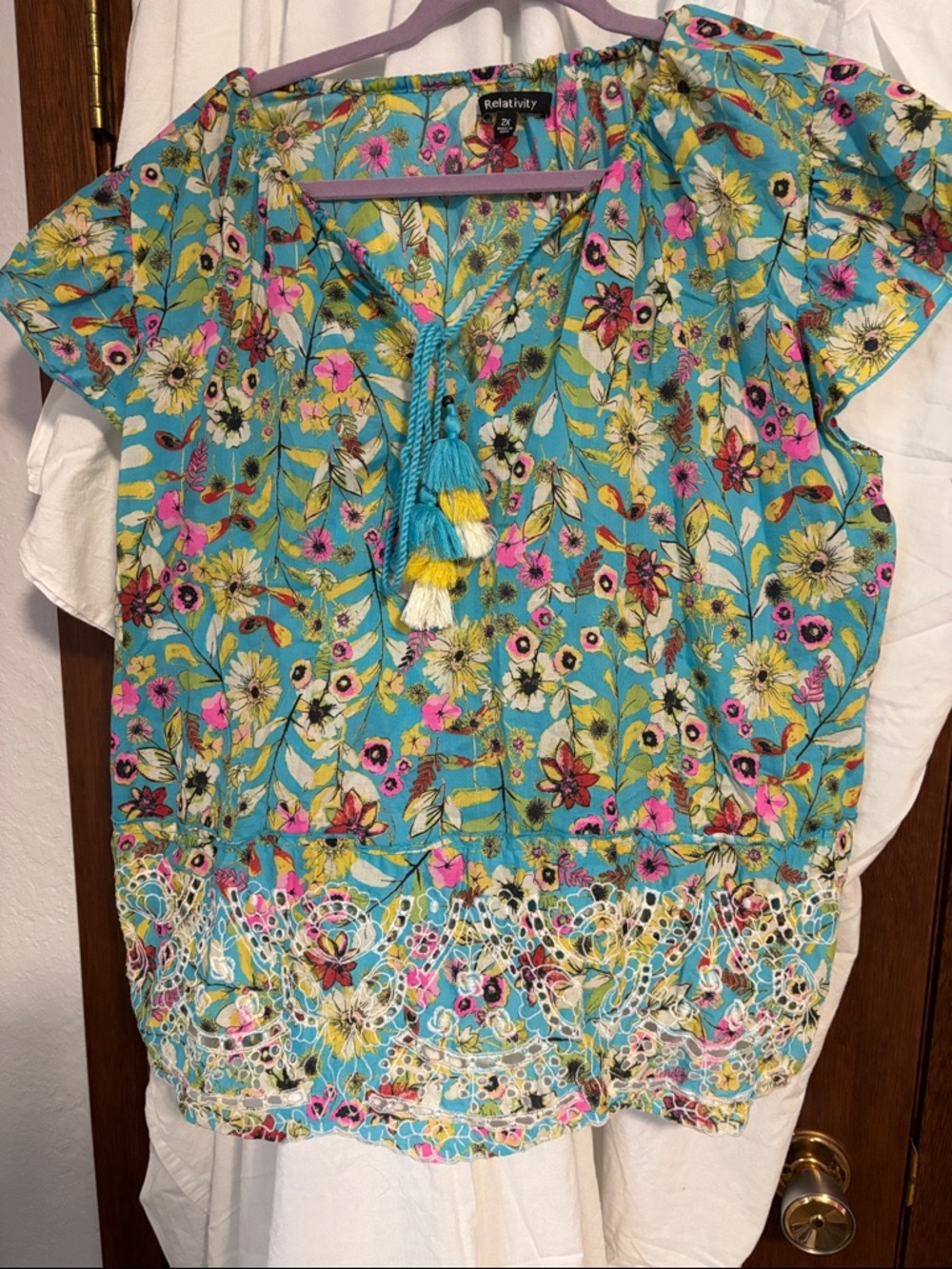 Relativity Turquoise Floral Tassel Tie Tunic - Picture 1 of 5